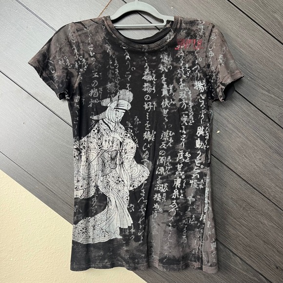 Sinful Tops - Sinful Womens Graphic Baby Tee Japanese Geisha Y2K Grunge Goth Medium Black